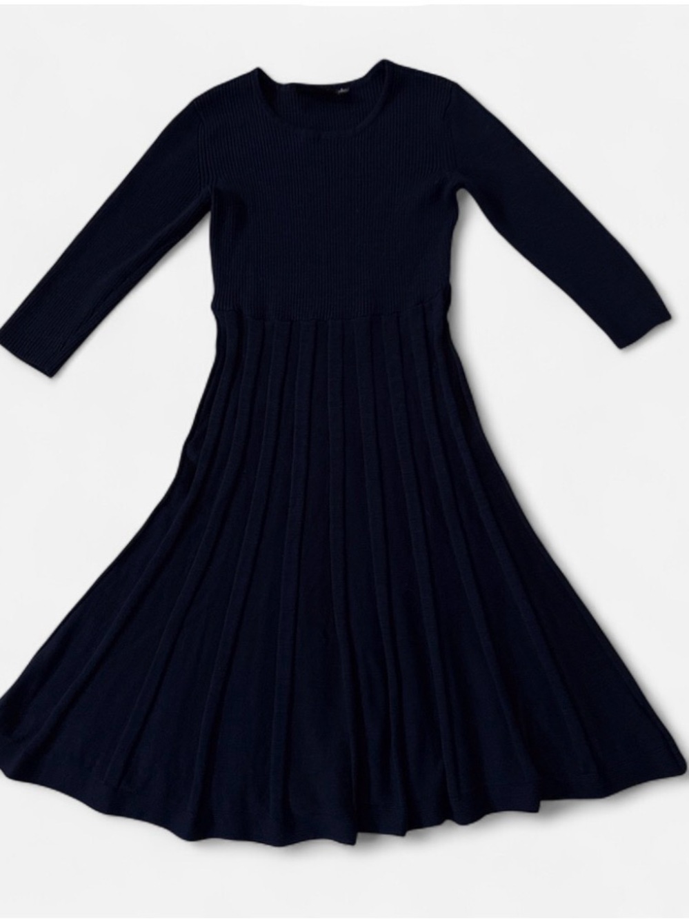 Women Navy Long-Sleeve Pleated Knit Dress